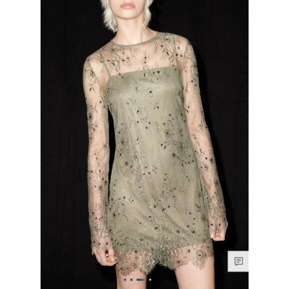 Mango Green Long Sleeve Lace Sequin Bead Dress L Large Olive Green $159 NEW - Picture 7 of 15